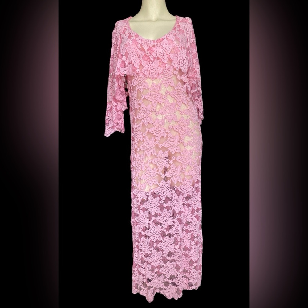 Vintage Handmade pink lace maxi overlay women sheer dress